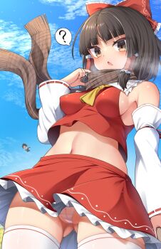 2girls ? ascot bare_shoulders black_hair black_skirt black_thighhighs blue_sky blunt_bangs blush bow breasts brown_eyes brown_hair brown_scarf cloud commentary_request detached_sleeves floating geta hair_tubes hakurei_reimu harunoha hat highres medium_breasts medium_hair midriff mole mole_on_thigh multiple_girls navel outdoors panties pantyshot parted_lips red_bow red_shirt scarf shameimaru_aya shirt sideboob skirt sky speech_bubble tengu-geta thighhighs thighs tokin_hat touhou underwear white_panties white_shirt white_thighhighs yellow_ascot