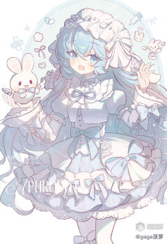 1girl :d blue_bow blue_bowtie blue_dress blue_eyes blue_hair blue_ribbon blush bow bowtie cowboy_shot double-parted_bangs dress dress_bow frilled_dress frilled_sleeves frills gaga_(user_ynuk5738) hair_between_eyes hairband highres long_hair long_sleeves looking_at_viewer mihuashi_username neck_ribbon open_mouth original pantyhose rabbt ribbon sleeve_bow smile solo watermark white_hairband white_pantyhose wide_sleeves