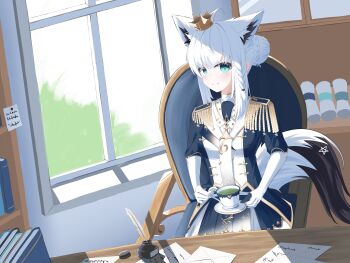 1girl absurdres ahoge animal_ear_fluff animal_ears blush braid chair commentary_request crown cup desk earrings epaulettes extra_ears fox_ears fox_girl fox_tail green_eyes hair_between_eyes hair_bun highres holding holding_cup hololive indoors jewelry jhsang1996 looking_at_viewer pentagram shirakami_fubuki shirakami_fubuki_(fbkingdom) sidelocks single_braid sitting solo tail virtual_youtuber white_hair window