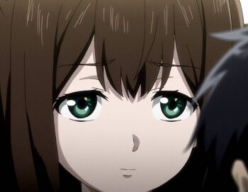 1boy 1girl big_order brown_hair closed_mouth frown furrowed_brow green_eyes hoshimiya_sena long_hair looking_at_another non-web_source portrait