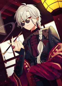 1boy ahoge architecture black_shirt braid chinese_clothes commentary_request cowboy_shot earrings east_asian_architecture eyewear_strap fingernails grey_hair highres holding holding_smoking_pipe indoors jewelry kiseru kuzuha_(15th_costume)_(nijisanji) kuzuha_(nijisanji) lantern long_hair male_focus multiple_earrings nana72710193 nijisanji pointy_ears red_eyes ring sharp_fingernails shirt smoke smoking_pipe solo sunglasses tassel tassel_earrings virtual_youtuber window