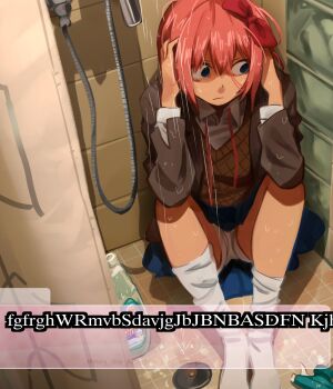 1girl bathroom blue_eyes blue_skirt dialogue_box doki_doki_literature_club doki_doki_literature_club_school_uniform empty_eyes english_text hair_ornament highres khyle. panties pink_hair sayori_(doki_doki_literature_club) school_uniform shower_(place) sitting skirt socks solo underwear visual_novel wet wet_clothes wet_hair white_panties