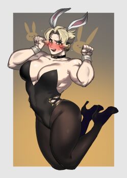 1girl adapted_costume animal_ears black_pantyhose blush breasts difman fake_animal_ears highres jumping large_breasts leotard muscular muscular_female official_alternate_costume official_alternate_hair_color official_alternate_hairstyle overwatch pantyhose playboy_bunny rabbit_ears rabbit_pose siberian_hare_zarya solo strapless strapless_leotard zarya_(overwatch)