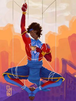 1boy animal_print arm_up blue_bodysuit bodysuit bound bracelet brown_eyes brown_hair cup dark-skinned_male dark_skin full_body hanging holding holding_cup jewelry knees_apart_feet_together looking_at_viewer male_focus multicolored_bodysuit ogirok one_eye_closed original red_bodysuit short_hair silk skin_tight smile solo spider_web stirrup_legwear superhero_costume teacup tied_up_(nonsexual) toeless_legwear two-tone_bodysuit very_dark_skin