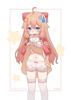 1girl absurdres bloomers blue_eyes blush bow check_copyright copyright_request embarrassed fang feet_out_of_frame hair_bow hair_flaps hair_ornament highres kizuna_sora loli long_hair looking_at_viewer midriff_peek navel open_mouth orange_hair orange_skirt original red_bow red_shirt shirt sidelocks skirt skirt_hold solo star_(symbol) star_hair_ornament stomach sweatdrop thighhighs underwear white_background white_bloomers white_thighhighs zettai_ryouiki