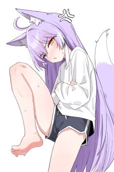 Rule 34 | 1girl, absurdres, ahoge, anger vein, animal ear fluff, animal ears, bare legs, barefoot, blue eyes, blush, commentary request, dolphin shorts, dorsiflexion, feet, foot out of frame, fox ears, fox girl, fox tail, heterochromia, highres, knee up, korean commentary, legs, long hair, looking at viewer, multicolored hair, open mouth, purple hair, purple tail, saho 4545, shirt, shorts, simple background, soles, solo, stellive, streaked hair, sweat, tail, tenko shibuki, toes, two-tone tail, very long hair, virtual youtuber, white background, white shirt, white streaks, yellow eyes