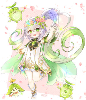 1girl :d absurdres alternate_hair_length alternate_hairstyle aranara_(genshin_impact) bloomers blue_flower blush bracelet commentary_request dated detached_sleeves dress flower flower_wreath full_body genshin_impact gradient_hair green_eyes green_hair green_sleeves hair_between_eyes hand_up head_wreath highres jewelry leg_up long_hair looking_at_viewer multicolored_hair nahida_(genshin_impact) open_mouth red_flower riosnowleopard side_ponytail signature sleeveless sleeveless_dress smile solo star-shaped_pupils star_(symbol) stirrup_legwear symbol-shaped_pupils toeless_legwear toes underwear very_long_hair white_bloomers white_dress white_hair