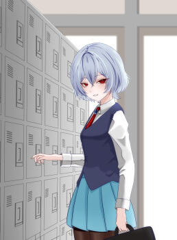 1girl ascot black_pantyhose black_sweater blue_skirt bow bowtie breasts collared_shirt commentary_request grey_hair hair_between_eyes hand_up highres locker long_sleeves looking_at_viewer merihari07 pantyhose pleated_skirt red_ascot red_bow red_eyes remilia_scarlet school_uniform shirt short_hair skirt small_breasts smile solo sweater touhou white_shirt