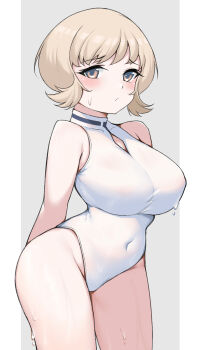 1girl absurdres blonde_hair blush breasts casual_one-piece_swimsuit commentary covered_erect_nipples covered_navel english_commentary grey_background grey_eyes highres jiangyou_dang kantai_collection large_breasts looking_at_viewer norge_(kancolle) one-piece_swimsuit shirt short_hair solo swimsuit wet wet_clothes wet_swimsuit white_one-piece_swimsuit white_shirt