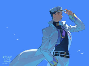 1boy anchor_symbol animal arm_up belt belt_buckle bird black_belt black_hair black_shirt blue_eyes blue_sky buckle closed_mouth coat collared_coat commentary_request cowboy_shot earrings hat highres jewelry jojo_no_kimyou_na_bouken kuujou_joutarou long_sleeves looking_at_viewer male_focus multiple_belts pants piercing popped_collar shirt short_sideburns sky sleeve_cuffs solo standing stone_ocean tem_1231 turtleneck twitter_username watermark white_coat white_hat white_pants