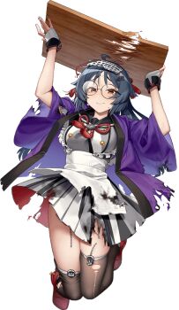 1girl akasaka_yuzu apron black_hair black_thighhighs broken_tray brown_eyes closed_mouth dress fingerless_gloves full_body glasses gloves happi headgear heian_maru_(kancolle) heian_maru_(saury_festival)_(kancolle) heian_maru_kai_(kancolle) holding holding_tray japanese_clothes kantai_collection long_hair official_alternate_costume official_art purple_happi red_shoes shoes solo thighhighs torn_apron torn_clothes torn_dress torn_happi torn_thighhighs transparent_background tray white_apron white_gloves