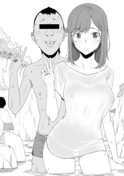 1girl 2boys blush breasts censored censored_identity covered_erect_nipples ichijou_hotaru lake light_blush mixed-sex_bathing multiple_boys nipples no_bra non_non_biyori osugaki see-through_clothes shared_bathing smile sweat sweatdrop swimsuit taito0630 ugly_bastard v wet