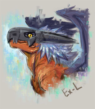 Rule 34 | cropped arms, cropped torso, digimitsuart, digimon, digimon (creature), fake horns, from side, grey hair, grey helmet, helmet, horned helmet, horns, looking at viewer, megadramon, profile, short hair, sideways glance, wings, yellow eyes