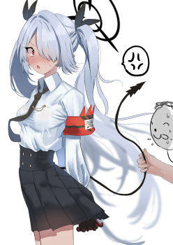 1boy 1girl :o :p absurdres anger_vein armband arms_behind_back black_gloves black_halo black_necktie black_ribbon black_skirt blue_archive blush collared_shirt commentary_request cowboy_shot dark-skinned_female dark_skin demon_girl demon_tail doodle_sensei_(blue_archive) dress_shirt embarrassed floating_hair from_side gloves grabbing_another&#039;s_tail grabbing_from_behind grey_hair hair_over_one_eye hair_ribbon halo hetero high-waist_skirt highres imminent_licking iori_(blue_archive) long_hair long_sleeves looking_at_viewer mochini necktie nose_blush one_eye_covered open_mouth partial_commentary pleated_skirt red_armband red_eyes ribbon school_uniform sensei_(blue_archive) shirt simple_background skirt solo_focus speech_bubble spoken_anger_vein sweatdrop tail tail_fondling tail_raised tongue tongue_out tsurime twintails v-shaped_eyebrows very_long_hair white_background white_shirt wide-eyed