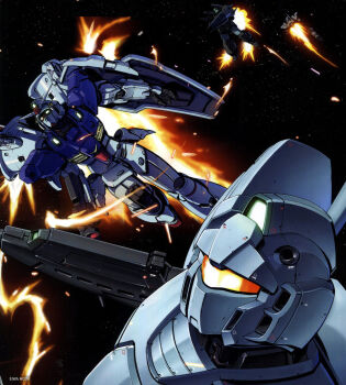 artist_request assault_visor battle beam_rifle energy_gun fleet gm_cannon_ii gm_custom gundam gundam_0083 gundam_gp-03_stamen gundam_perfect_file highres holding holding_weapon machinery mecha mecha_focus mobile_suit official_art robot science_fiction shield space thrusters v-fin weapon yellow_visor