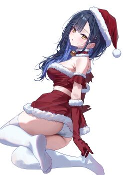 1girl absurdres armpit_crease bare_shoulders bell black_hair blue_hair breasts choigoli choker commentary_request crop_top frilled_shirt frills from_behind fur-trimmed_choker fur-trimmed_skirt fur_trim gangzi_(vtuber) hair_ornament hairclip hat high-waist_skirt highres jingle_bell korean_commentary long_hair looking_at_viewer looking_back medium_breasts midriff miniskirt no_shoes panties parted_lips red_choker red_hat red_shirt red_skirt santa_costume santa_hat shirt simple_background skirt solo stellive strapless strapless_shirt sweatdrop thighhighs thighs underwear virtual_youtuber white_background white_panties white_thighhighs yellow_eyes