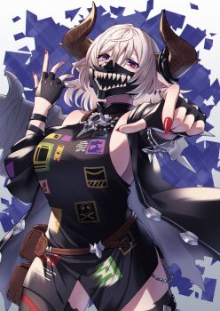 Rule 34 | 1girl, belt, black gloves, black jacket, black shirt, breasts, brown horns, draph, ear piercing, fingerless gloves, gloves, granblue fantasy, highres, horns, jacket, large breasts, looking at viewer, mask, mouth mask, nail polish, off shoulder, piercing, pointy ears, pouch, purple eyes, red nails, shirt, sideboob, sleeveless, sleeveless shirt, solo, tristette (granblue fantasy), turtleneck, umiboozu (uminoyoukai), white hair