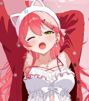 1girl absurdres ahoge animal_ear_hairband animal_ears arm_behind_head arms_up asymmetrical_legwear babydoll bow breasts cardigan cat_ear_hairband cat_ears commentary_request double-parted_bangs fake_animal_ears frilled_babydoll frilled_shorts frills green_eyes hair_between_eyes hair_bow hairband highres hololive jewelry long_hair looking_at_viewer multiple_views necklace official_alternate_costume official_alternate_hairstyle one_eye_closed pane_(paneda_pm) pink_background red_cardigan sakura_miko sakura_miko_(loungewear) shorts simple_background single_off_shoulder single_sidelock sleeves_past_wrists virtual_youtuber yawning