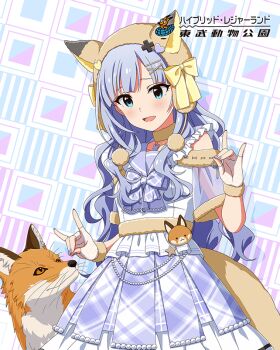 1girl animal_ears blue_eyes card_(medium) choker collar fingerless_gloves fox frilled_collar frills fur_trim game_cg gloves grey_hair hat heart idolmaster idolmaster_million_live! idolmaster_million_live!_theater_days japanese_text nail_polish official_art open_mouth sailor_collar see-through_clothes see-through_sleeves shiraishi_tsumugi