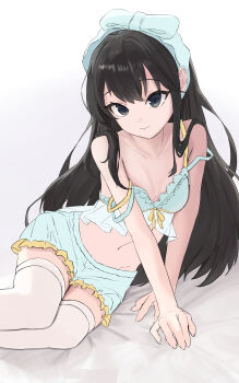 1girl absurdres bed_sheet black_eyes black_hair blue_camisole blue_hairband blue_shorts bra bra_peek breasts camisole closed_mouth collarbone commentary_request feet_out_of_frame frilled_shorts frills gradient_background grey_background hairband highres kageyama_izumi long_hair looking_at_viewer lying navel official_alternate_costume on_side shorts small_breasts solo strap_slip thighhighs underwear white_thighhighs yahari_ore_no_seishun_lovecome_wa_machigatteiru. yellow_bra yukinoshita_yukino zettai_ryouiki