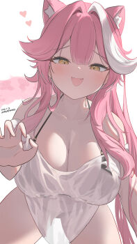 Rule 34 | 1girl, :d, animal ear fluff, animal ears, bikini, bikini under clothes, black bikini, breasts, center-flap bangs, cleavage, commentary, double-parted bangs, english commentary, extra ears, fangs, highres, hololive, hololive english, large breasts, long hair, looking at viewer, multicolored hair, off-shoulder shirt, off shoulder, open mouth, paid reward available, panther ears, panther girl, panther tail, pink hair, raora panthera, see-through clothes, see-through shirt, shirt, sidelocks, simple background, smile, solo, streaked hair, swimsuit, tail, vanillafox2035, very long hair, virtual youtuber, white background, white shirt, white streaks, yellow eyes