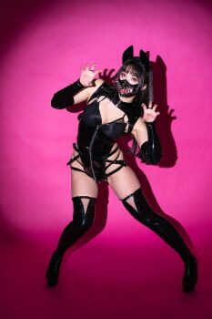 1girl animal_ears asian ass bare_arms bare_shoulders black_hair boots bra breasts cameltoe claw_pose curvy dress elbow_gloves fake_animal_ears fingernails full_body gloves highleg highleg_panties highres huge_ass japanese_(nationality) lips long_hair looking_at_viewer mask model mouth_mask panties photo_(medium) revealing_clothes ririkana short_dress small_breasts solo thigh_boots thighhighs thighs thong underwear