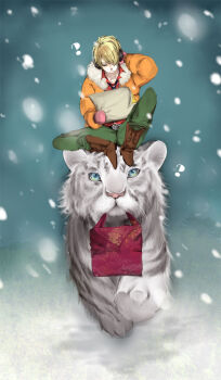 1boy animal blonde_hair blue_eyes cat earmuffs fuzzy gift green_pants hair_over_one_eye jacket male_focus mittens necktie one_piece pants riding sanji_(one_piece) snow solo