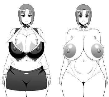 1girl amazon_(taitaitaira) breast_reduction breasts breasts_apart breasts_out character_request cleavage completely_nude curvy highres huge_breasts large_areolae large_nipples looking_at_viewer medium_hair miniskirt monochrome neck_ribbon nude ribbon rio_(amazon) rio_rollins sagging_breasts simple_background skirt smile solo standing super_blackjack tagme thick_thighs thighs topless_female white_background wide_hips