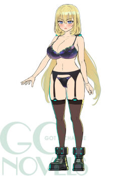 1girl alicia_(goetia_shock) bare_shoulders blonde_hair blue_eyes blush boots bra breasts cleavage collarbone covered_erect_nipples full_body garter_belt garter_straps goetia_shock huge_breasts long_hair navel official_art ookuma_nekosuke panties solo stomach thigh_gap thighhighs thighs twintails underwear very_long_hair