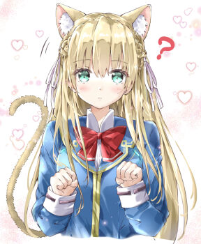 Rule 34 | 1girl, ?, absurdres, animal ear fluff, aqua eyes, ayaro (genkiloobaii), blonde hair, blue jacket, blush, bow, bowtie, braid, cat tail, closed mouth, clueless, commentary request, cropped torso, extra ears, eyelashes, eyes visible through hair, hair between eyes, hair ribbon, half up braid, hands up, heart, heaven burns red, highres, jacket, kemonomimi mode, long hair, long sleeves, looking at viewer, motion lines, red bow, red bowtie, ribbon, simple background, solo, split mouth, straight hair, tail, tail raised, toujou tsukasa, upper body, very long hair, white background, white ribbon