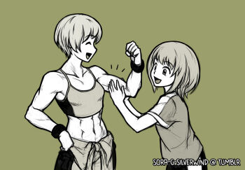 2girls abs alternate_muscle_size breasts clenched_hand clenched_hands closed_eyes clothes_around_waist commentary english_commentary grey_background greyscale hand_on_another's_arm huang_pao-lin lara_tchaikoskaya midriff monochrome multiple_girls muscle_awe navel open_mouth shirt short_hair short_sleeves simple_background smile soragsilverwind sports_bra tiger_&amp;_bunny toned toned_female tumblr_username very_short_hair
