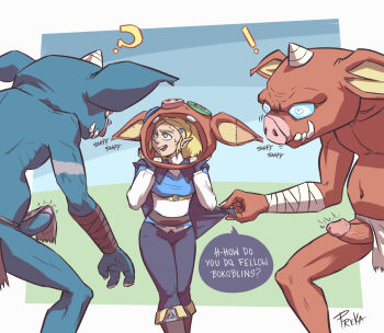 Rule 34 | !, 1girl, 2boys, ?, blonde hair, bokoblin, erection, fooltool, goblin, green eyes, highres, imminent rape, mask, mask on head, monster, multiple boys, nervous, nervous sweating, nintendo, open mouth, penis, princess, princess zelda, short hair, signature, smelling, speech bubble, sweat, the legend of zelda, the legend of zelda: tears of the kingdom, veins, veiny penis