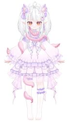 Rule 34 | 1girl, :3, absurdres, animal ears, asymmetrical legwear, bow, clothing cutout, dragon horns, dress, dress bow, extra ears, frilled dress, frilled socks, frills, fuer (stardust project), full body, highres, horns, kneehighs, long hair, long sleeves, looking at viewer, no shoes, official art, orange eyes, pink dress, pointy ears, puffy long sleeves, puffy sleeves, purple bow, short dress, shoulder cutout, single sock, single thighhigh, socks, solo, standing, stardust project, straight-on, tachi-e, tentacles, thighhighs, transparent background, two side up, uneven legwear, virtual youtuber, white bow, white hair, white socks, white thighhighs
