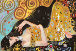 Rule 34 | 1girl, artist name, bare shoulders, barefoot, black hair, disembodied eye, dress, english text, grey eyes, gustav klimt (style), hair over one eye, long dress, long hair, looking at viewer, original, parted lips, patterned background, patterned clothing, red lips, sleeveless, sleeveless dress, spirit, star (symbol), surreal, tearing up, very long hair, vicki tsai, yellow dress