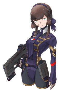 1girl adapted_costume blue_hairband blunt_sidelocks boushi-ya breasts commentary_request commission freckles green_eyes gun hairband highres holding holding_gun holding_weapon kantai_collection large_breasts leotard mogador_(kancolle) necktie pixiv_commission purple_leotard purple_necktie sidelocks sleeved_leotard solo tie_clip weapon