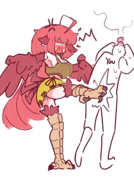 1boy 1girl absurdres ahoge anger_vein angry animal_ears bare_shoulders bird_ears breasts brown_tank_top coco_(eogks) feathered_wings feathers head_bump highres huge_breasts kicking long_hair nn_(eogks) original pov red_feathers red_hair simple_background skirt talons tank_top very_long_hair white_background winged_arms wings yellow_skirt
