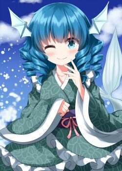 1girl blue_eyes blue_hair blush closed_mouth cloud commentary day drill_hair drill_sidelocks fins frilled_kimono frills hands_up head_fins highres japanese_clothes kimono long_sleeves looking_at_viewer medium_hair mermaid monster_girl obi outdoors purple_sash ruu_(tksymkw) sash sidelocks solo touhou upper_body wakasagihime wide_sleeves