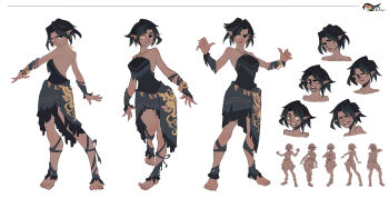 1girl angry bare_shoulders black_hair bracelet breasts closed_eyes dress earrings elf expression_chart feet flat_color freckles full_body heterochromia highres jewelry medium_breasts multiple_expressions pointy_ears qifeng_lin reference_sheet short_hair sketch smile surprised white_background