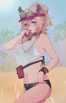 Rule 34 | 1girl, absurdres, animal ears, bikini, bikini under clothes, blonde hair, blue sky, blurry, blurry background, breasts, commentary, crop top, crossed bangs, day, double-parted bangs, english commentary, eyewear on head, green-tinted eyewear, green bikini, green eyes, hair between eyes, hair ornament, hair scrunchie, hand up, hat, highres, indie virtual youtuber, kokomi (aniesuakkaman), large breasts, lifeguard, looking at viewer, medium hair, mole, navel, nimi nightmare, nimi nightmare (lifeguard), official alternate costume, official alternate hairstyle, outdoors, ponytail, red hat, scrunchie, see-through tank top, sky, solo, stomach, swimsuit, tank top, tapir ears, tinted eyewear, virtual youtuber, whistle, whistle around neck, white tank top