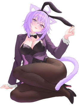 1girl absurdres animal_ears black_leotard black_pantyhose black_shoes blush breasts cat_ears cat_girl cat_tail cleavage collar commentary_request detached_collar fake_animal_ears high_heels highres hololive jacket large_breasts leotard looking_at_viewer medium_hair mixed-language_commentary nekomata_okayu pantyhose playboy_bunny purple_jacket rabbit_ears shoes smile solo tail virtual_youtuber warg_game white_background white_collar white_wrist_cuffs wrist_cuffs