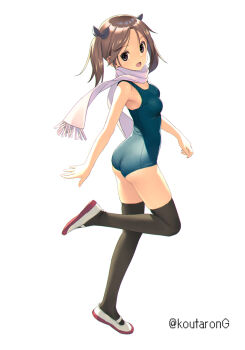 1girl :d ass bare_arms bare_shoulders black_ribbon black_thighhighs blue_one-piece_swimsuit breasts brown_eyes brown_hair commentary_request fringe_trim full_body hair_ribbon koutaro looking_at_viewer looking_to_the_side one-piece_swimsuit open_mouth original parted_bangs ribbon scarf school_swimsuit shoe_soles shoes simple_background small_breasts smile solo standing standing_on_one_leg swimsuit thighhighs twintails twitter_username uwabaki white_background white_scarf white_shoes