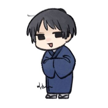1boy axis_powers_hetalia black_eyes black_hair black_slippers blue_kimono chibi chibi_only commentary_request empty_eyes full_body half-closed_eyes hands_in_opposite_sleeves japan_(hetalia) japanese_clothes kimono long_sleeves looking_at_viewer male_focus mi_aph_to open_mouth short_hair simple_background slippers smile socks solo white_background white_socks wide_sleeves
