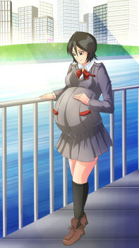 1girl anoartist1994 black_hair bleach bleach:_sennen_kessen-hen bow brown_shoes building city commission commissioner_upload grey_eyes grey_jacket grey_skirt hands_on_own_stomach highres hill jacket karakura_high_school_uniform kuchiki_rukia motherly outdoors pregnant railing red_bow river school_uniform shoes short_hair sidewalk skirt skyscraper smile solo sunlight tomboy walking