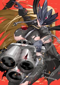 1girl absurdres beelstarmon belt black_belt black_coat black_gloves black_mask black_pants black_vest blonde_hair breasts closed_mouth coat commentary_request cowboy_shot cropped_vest digimon digimon_(creature) eye_mask gloves gun handgun highres holding jacket large_breasts leather leather_pants lipstick long_hair looking_at_viewer makeup mask multiple-barrel_gun pants purple_lips red_background red_eyes sawa_d sidelocks signature simple_background smoke smoking_barrel solo standing stomach third_eye tight_clothes tight_pants torn_clothes torn_coat torn_pants torn_vest twitter_username underboob vest weapon wireframe zipper