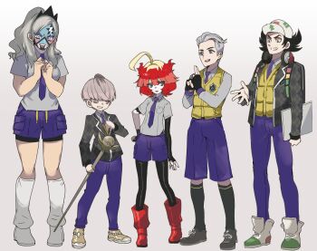 Rule 34 | 2girls, 3boys, ahoge, alternate costume, atticus (pokemon), baseball cap, black hair, blonde hair, boots, cane, eri (pokemon), facepaint, fingerless gloves, giacomo (pokemon), gloves, gradient background, grey hair, hat, headphones, headphones around neck, mela (pokemon), multicolored hair, multiple boys, multiple girls, narita imomushi, necktie, nintendo, one eye closed, ortega (pokemon), pokemon, pokemon sv, red hair, school uniform, shorts, two-tone hair, uva academy school uniform