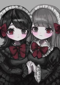 2girls :3 bad_id bad_twitter_id black_dress black_eyes black_hair bow bowtie breasts closed_mouth commission cross-shaped_pupils dress frilled_dress frilled_hairband frills grey_background grey_hair hair_bow hairband heterochromia highres holding_hands image_sample long_hair long_sleeves looking_at_viewer multiple_girls original puffy_sleeves red_bow red_bowtie red_eyes shiona_(siona0625) small_breasts symbol-shaped_pupils twitter_sample upper_body watermark white_hairband