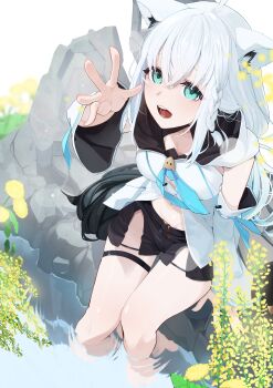 1girl absurdres ahoge animal_ear_fluff animal_ears black_shorts blue_neckerchief braid breasts crossed_bangs detached_sleeves edge_ill fox_ears fox_girl hair_between_eyes hand_up hashtag-only_commentary highres hololive hood hood_down hooded_vest hoodie long_hair looking_at_viewer neckerchief open_mouth shirakami_fubuki shirakami_fubuki_(1st_costume) shorts single_braid sitting small_breasts soaking_feet solo thigh_strap vest virtual_youtuber water white_hair white_vest