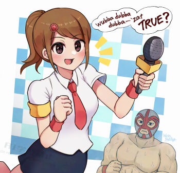 Rule 34 | 1boy, 1girl, blush, brown eyes, brown hair, collared shirt, commentary request, english text, hair ornament, happy, holding, holding microphone, microphone, muscular, muscular male, necktie, open mouth, red necktie, reporter (rhythm tengoku), rhythm tengoku, shirt, speech bubble, sweat, topless male, wakaba (wata ridley), white shirt, wrestler, wrestler (rhythm tengoku), wristband