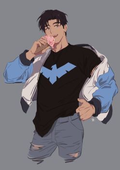 1boy artist_name dick_grayson food highres ice_cream male_focus nightwing superhero_costume