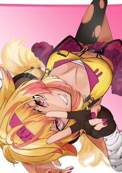 1girl animal_ears bandaged_arm bandages blonde_hair breasts cleavage commentary_request dark-skinned_female dark_skin fingerless_gloves gloves grin highres indie_virtual_youtuber koko_d._nuts large_breasts looking_at_viewer monkey_ears monkey_girl navel pink_eyes pink_hair pink_skirt single_thighhigh skirt smile solo ssssssshero thighhighs torn_clothes torn_thighhighs twintails v virtual_youtuber